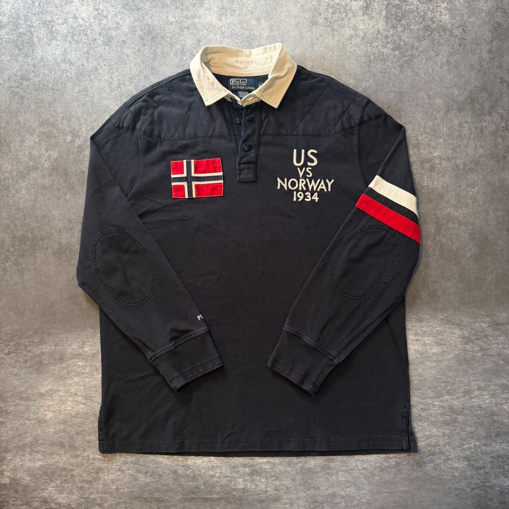 Polo Ralph Lauren US vs Norway 1934 Rugby Shirt Mens L Navy Blue Patch Vintage